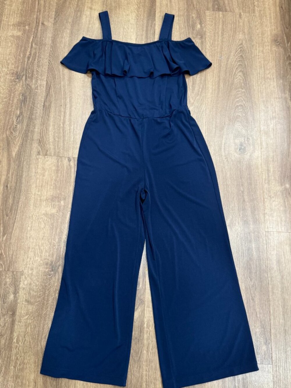 Roz & Ali Off Shoulder Ruffle Jumpsuit XS Navy Blue Wide Leg